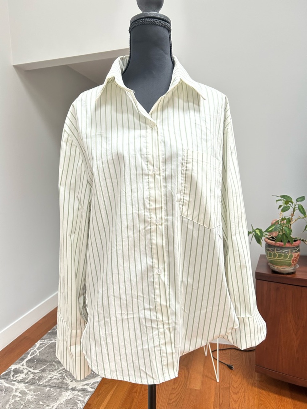 White Button-Up Shirt with Thin Green Pinstripes